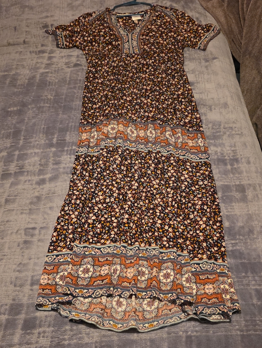 Knox Rose Womens Floral Mixed Print Short Sleeve Maxi Dress Sz Large